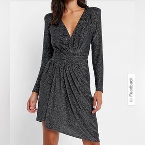 NWT Metallic Draped V-Neck Strong Shoulder Mini Dress